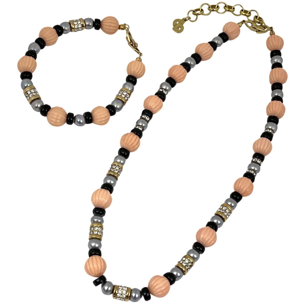 Christian Dior Rhinestone design necklace bracelet set GP pearl pink gold black
